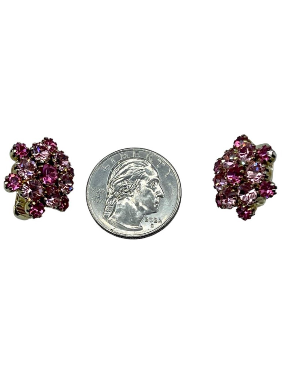 Pink Rhinestone Earrings Two Toned Prong Set Cluster Vintage Clip On Gold Tone - Picture 15 of 16